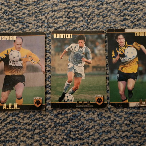 AEK collectible cards used, pack of 3 with Ketspagia, Kopitsis and Tomic