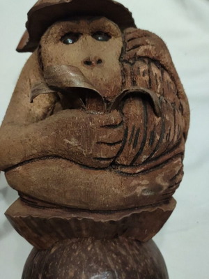 Handmade monkey decoration from coconut used, vintage ethnic carved
