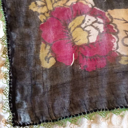 Vintage black scarf with floral design and handmade needle lace, like new