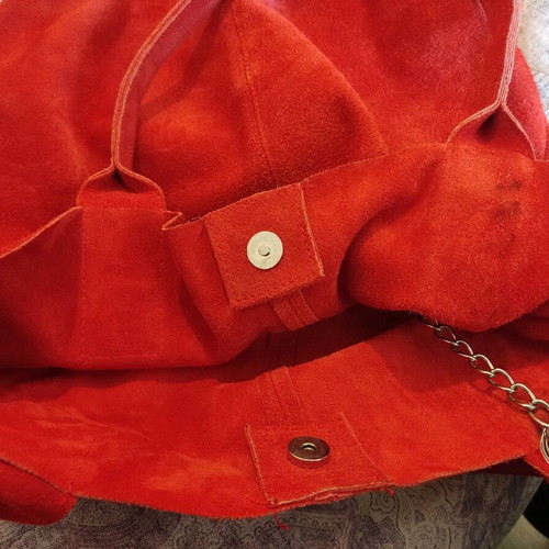 Red suede leather tote bag with tassel fringe, shoulder style