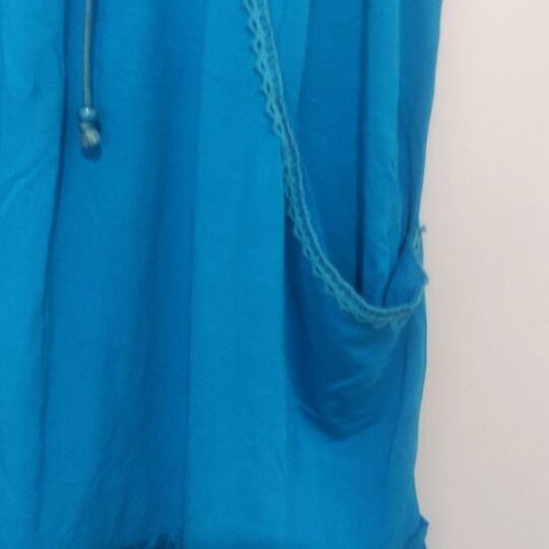Beach dress blue S/M like new, strapless with pockets and ruffles