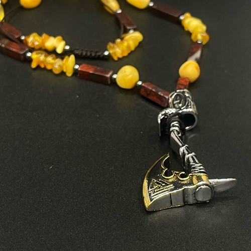 Men's choker with amber and red jasper, new