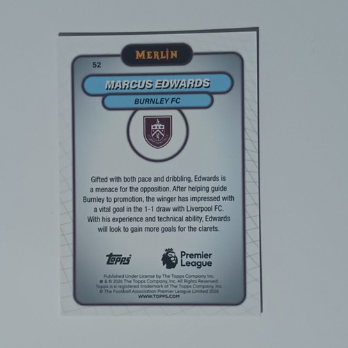 Topps Merlin 2026 Premier League Marcus Edwards Burnley FC card mint