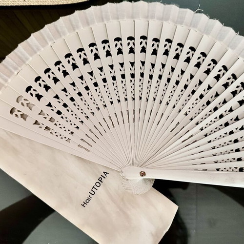 White Wooden Fan 19 cm carved with satin case like new