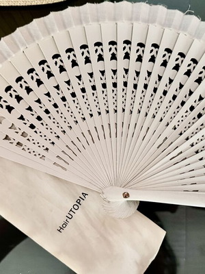 White Wooden Fan 19 cm carved with satin case like new