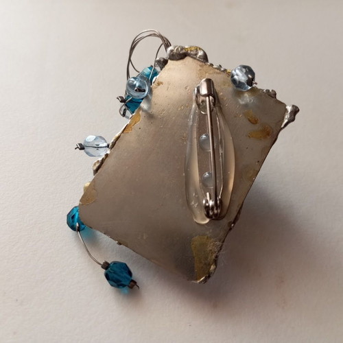 Metal handmade vintage brooch with blue and iridescent beads new
