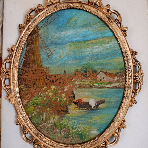 Old oil painting in bronze frame 45x32 like new