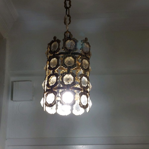 Vintage ceiling light with crystal hexagons used, metal