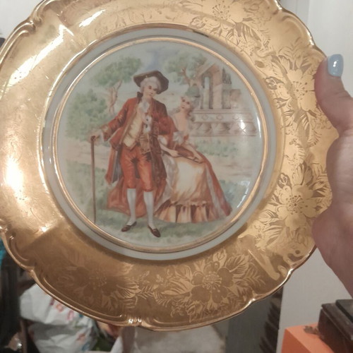 French decorative plates, set of 2, gold with vintage painting