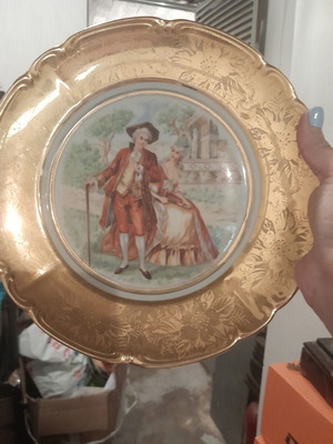 French decorative plates, set of 2, gold with vintage painting