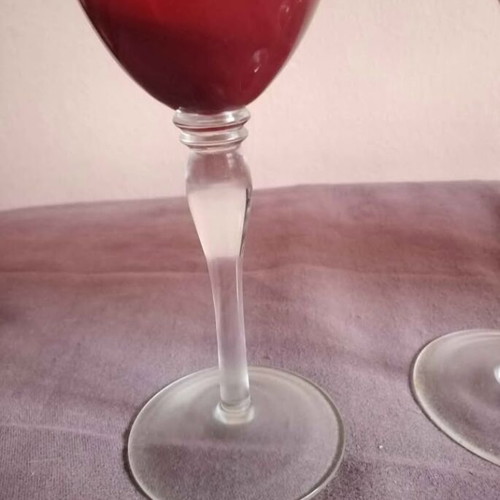 Set of 5 stemmed glasses like new, red blown glass