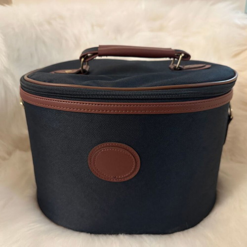 Toiletry bag cosmetic case new, blue fabric and brown leatherette