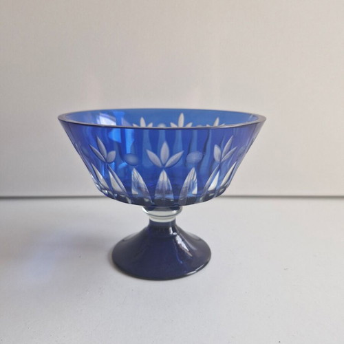 Blue Engraved Glass Fondue Bowl like new
