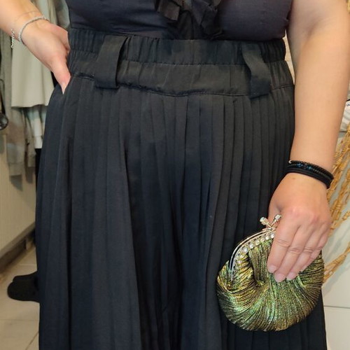 Toi&Moi women's evening set used with bodysuit, pleated pants, and gold bag