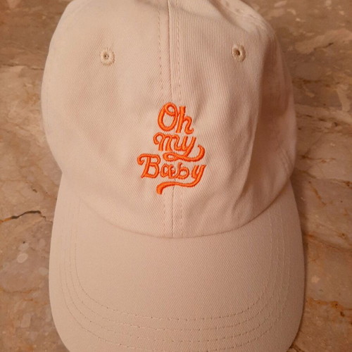 Women's hat "Oh my baby" like new, beige and orange