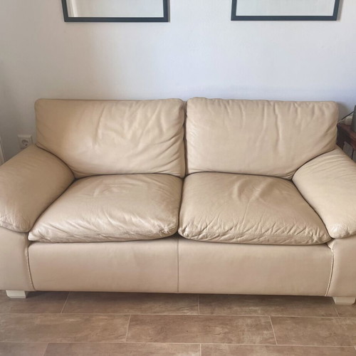 Two-seater leather sofa, beige, handmade, beech frame