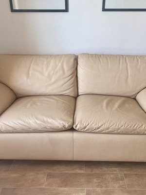 Two-seater leather sofa, beige, handmade, beech frame