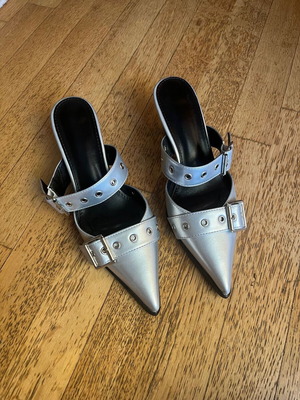 Metallic Silver Buckle Mules almost brand new