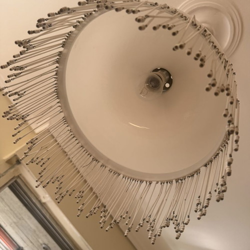 Opaline ceiling light white with bead fringes like new