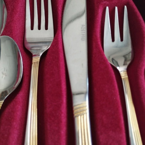 Cutlery set 30 pieces Rostfrei Germany like new with gold stripe