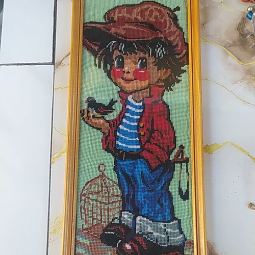 Vintage handmade embroidery framed art