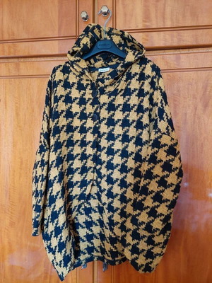 Namaste houndstooth cardigan like new with hood, asymmetrical, black and yellow