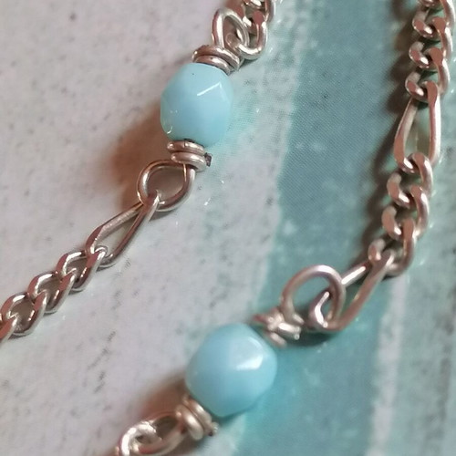 925 Silver Anklet with Figaro Chain and Turquoise Beads new