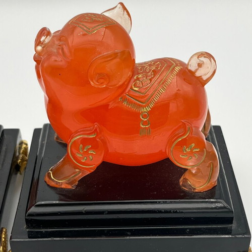 Vintage Feng Shui amber honey Murano-style pig figurines pair