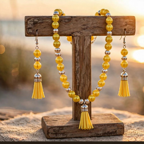 Handmade yellow beaded summer necklace and earrings set new