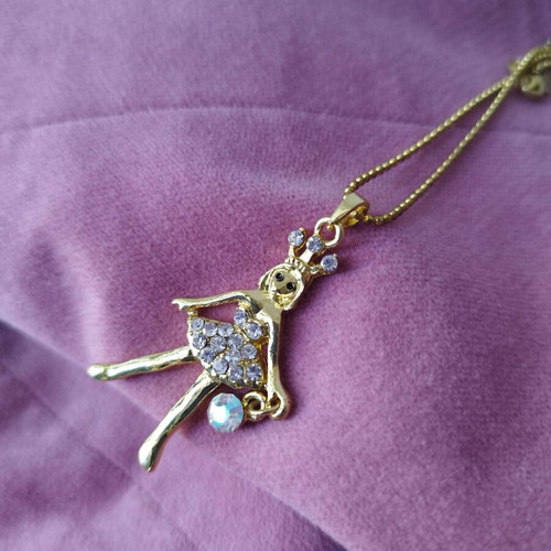 Pendant necklace gold with ballerina and white crystals and hanging stone