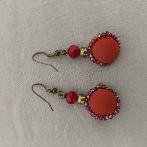 Handmade dangling earrings with red crystal and velour beads like new