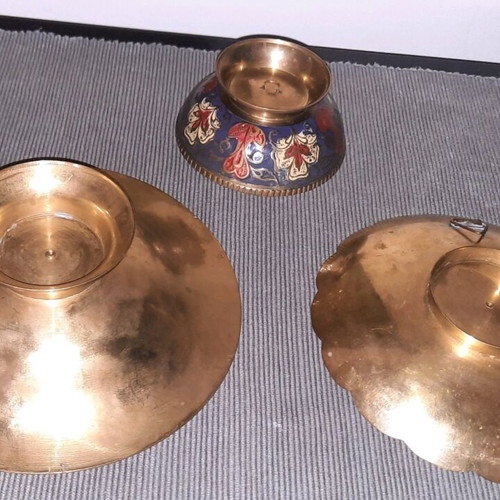 Cloisonné brass plates and bowl used, set of 3 pieces
