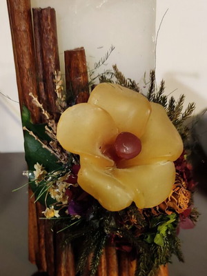 Handmade candle like new with embossed flowers and decoration