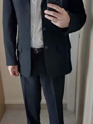 Next Time men's suit black with thin stripe, like new, jacket 52, trousers 44