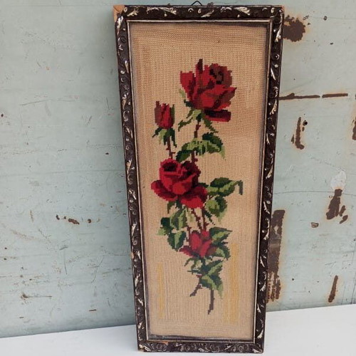 Embroidery in embossed frame with roses like new