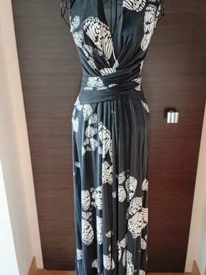 Black maxi dress with white butterflies, vintage, like new, 100% silk