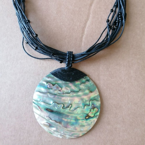 Boho necklace with Abalone shell and black cotton thread with stones new