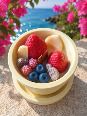 Handmade fruit scented candle with reusable porcelain powder container