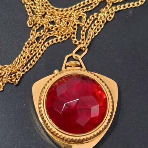 Vintage Russian necklace watch with ruby red faceted stone triangle like new