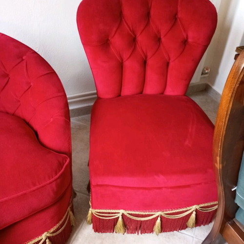 Handmade three-seater sofa and armchairs like new, red velvet
