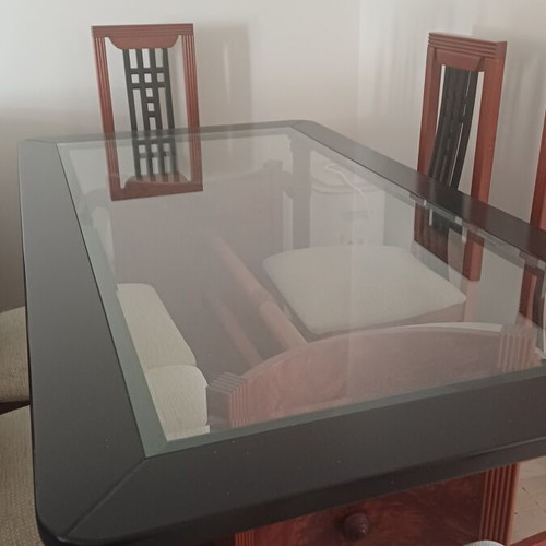 Walnut dining set with 6 chairs, glass top