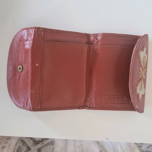 Leather women's wallet used, handmade, red with white flowers