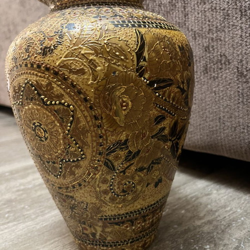 Satsuma Japanese ceramic vase set 1957, 2 pieces with authentic stamps