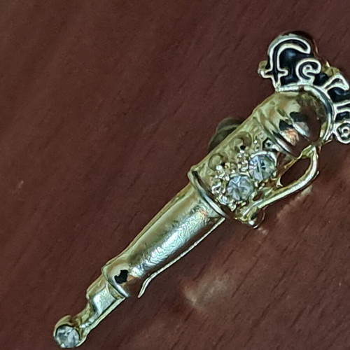 Vintage metal lapel pin pen design with rhinestones like new, gold tone