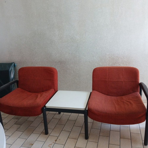 Glass bookshelf with wooden base, round table, sofa, armchair set, Sato desk, vintage chair like new