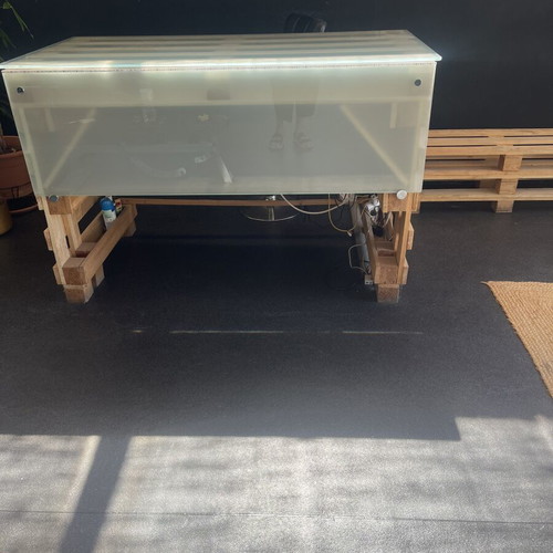 Wooden reception desk with removable top and bench set