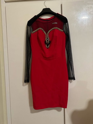 Red evening dress with black transparency and gold details size M