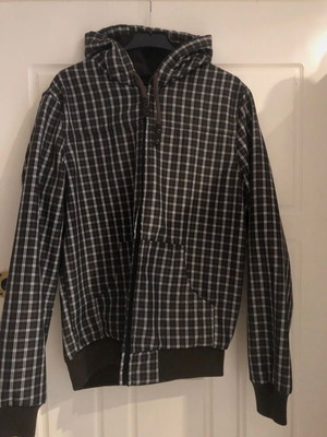 Pull & Bear men's lightweight jacket with fleece lining, size L, brown and white check