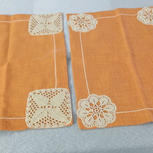 Table linens with hand crochet design, new, set of 2 orange with beige