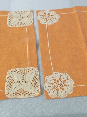 Table linens with hand crochet design, new, set of 2 orange with beige